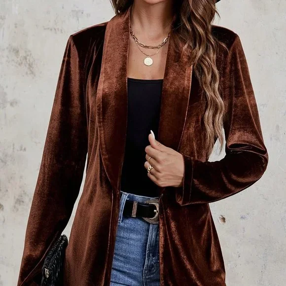Brown Casual Womens Shawl Collar Belted Velvet Blazer - Picture 1 of 6